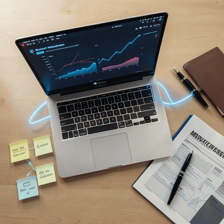 Penataan meja kerja modern yang menunjukkan perpaduan antara riset manual (catatan tangan) dan analisis data digital di laptop, diperkuat visualisasi abstrak koneksi AI.