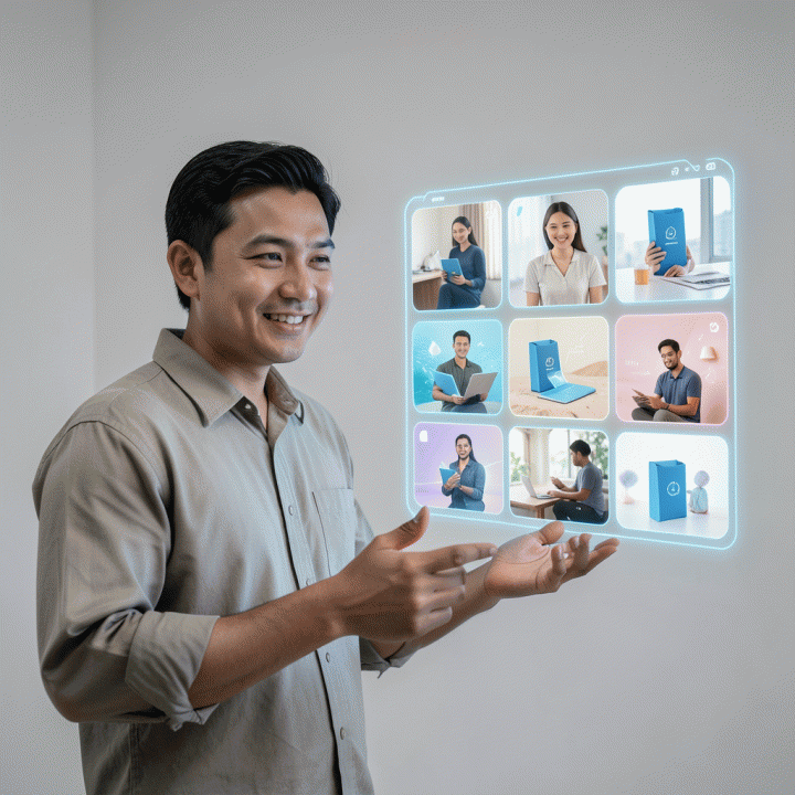 Seorang pemilik UMKM Indonesia yang bersemangat melihat antarmuka AI futuristik yang menampilkan berbagai variasi konten iklan digital untuk produknya, menunjukkan kemudahan dan efisiensi dalam pemasaran digital.