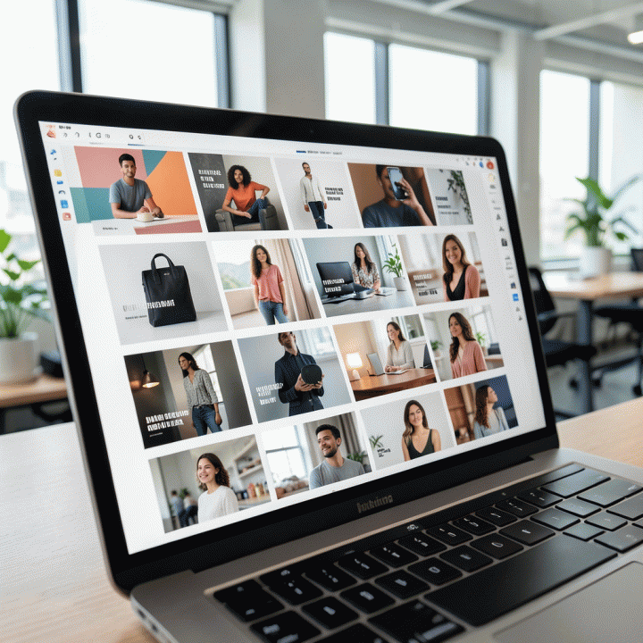 Tampilan laptop yang menampilkan grid variasi mockup iklan digital yang beragam, menunjukkan kemampuan AI untuk menghasilkan banyak opsi desain.