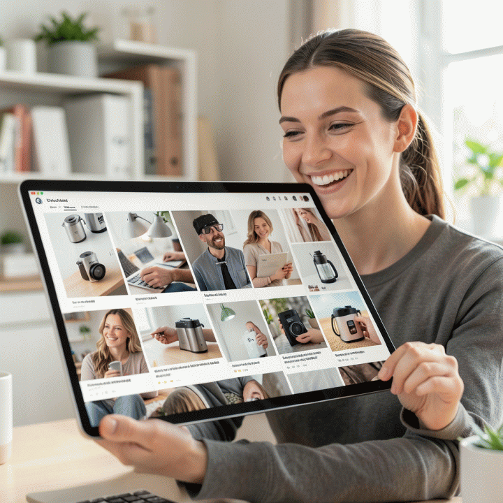 Online seller meninjau berbagai variasi gambar iklan produk yang dihasilkan AI.