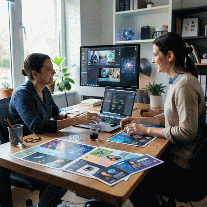Digital marketer and small business owner collaborating to create diverse visual variations for e-commerce ads using an AI tool.