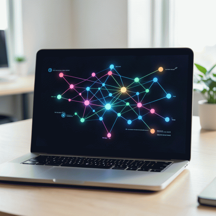 Tampilan dashboard AI abstrak di laptop, menunjukkan visualisasi proses ideasi dan pengembangan konsep bisnis digital.