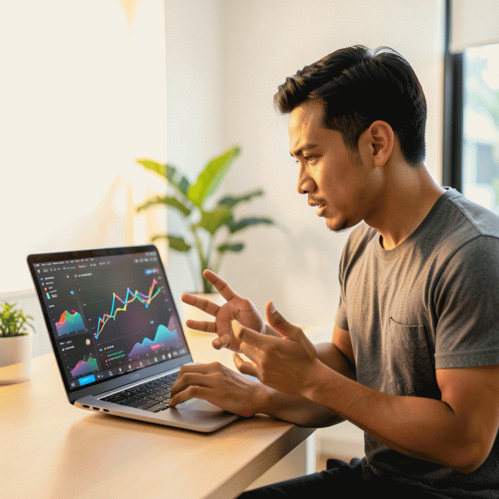 Seorang content creator profesional di studio modern sedang menganalisis data pertumbuhan konten di laptop, menunjukkan strategi pemasaran digital yang berhasil dan viral.