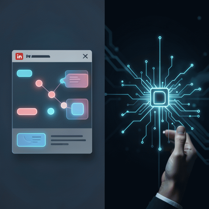 Visualisasi sinergi antara konten LinkedIn profesional dan bantuan kecerdasan buatan untuk meningkatkan visibilitas.