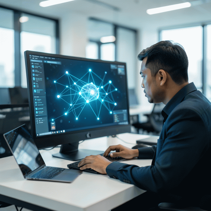 Seorang profesional Indonesia yang fokus menganalisis data dan strategi personal branding di depan layar monitor yang menampilkan visualisasi jaringan AI yang kompleks.