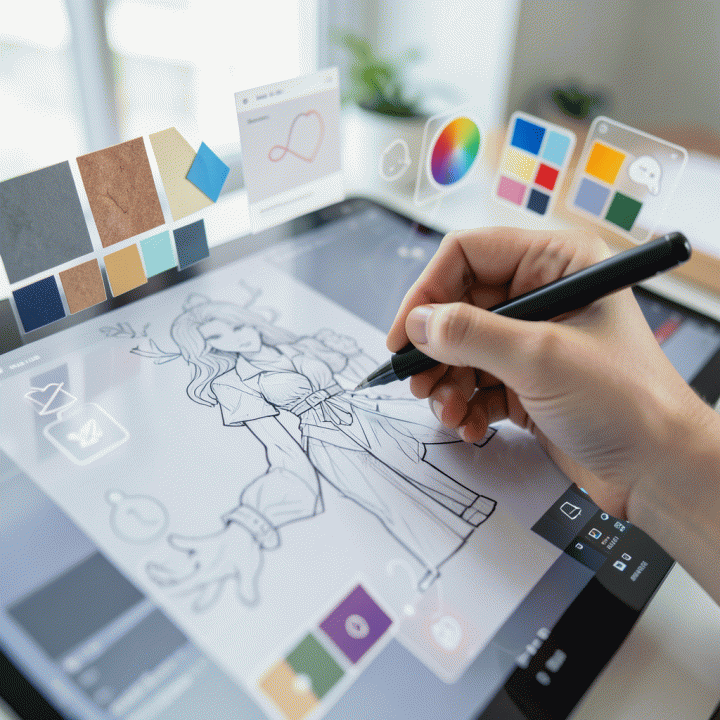 Detail tangan yang sedang membuat konsep visual yang kemudian diperkuat dan diperluas secara otomatis oleh aset visual yang dihasilkan AI.