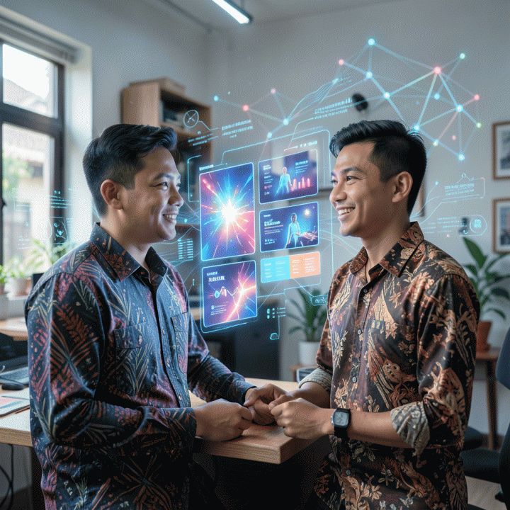 Seorang pemilik UMKM yang percaya diri melihat tampilan digital abstrak yang menunjukkan kampanye iklan digital masa depan, melambangkan pemanfaatan AI untuk pemasaran unggul.