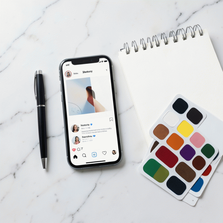 Komposisi flat lay yang menampilkan smartphone dengan konten Instagram, dikelilingi oleh alat desain fisik dan digital.