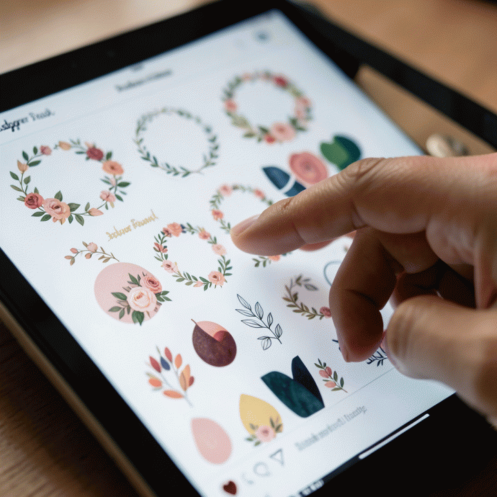 Tangan yang menggunakan tablet digital untuk menambahkan stiker aset premium pada desain Story Instagram.