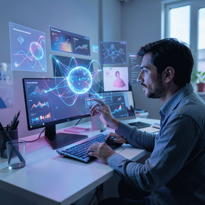 Photorealistic image showing a creative professional working with a glowing AI interface to achieve visual consistency in design.