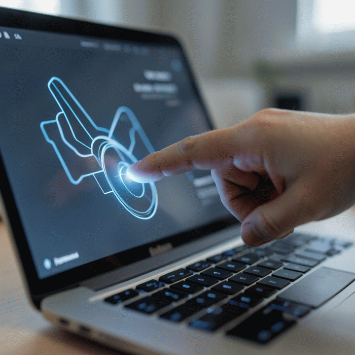 Tangan menunjuk elemen antarmuka di layar laptop, melambangkan pembuatan landing page yang cepat menggunakan AI.