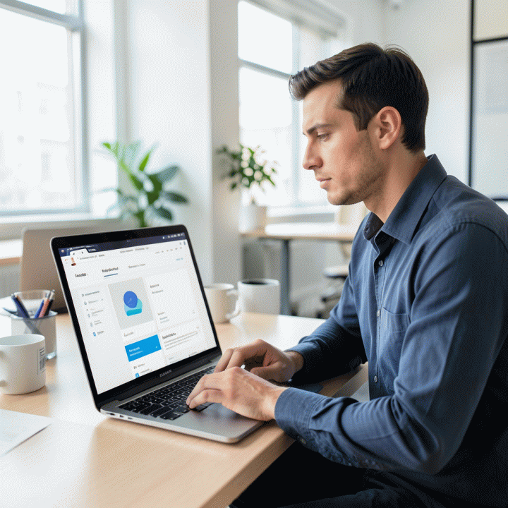 Digital marketer yang fokus mengerjakan landing page berkonversi tinggi di laptop di ruang kerja modern.