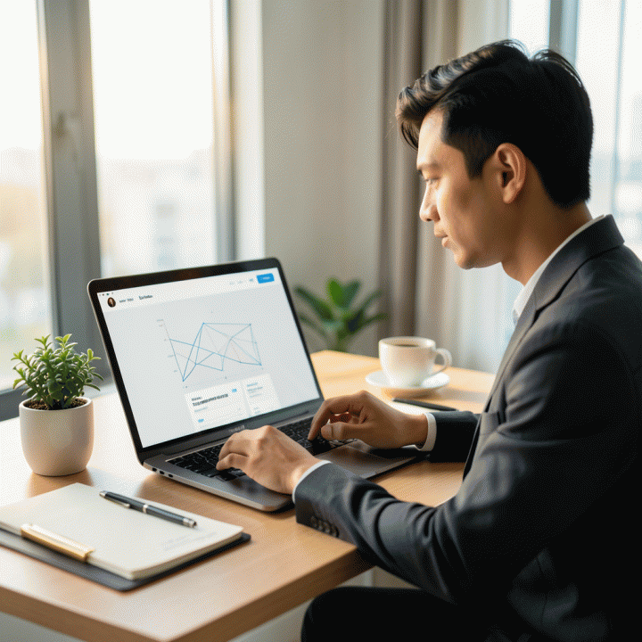 Seorang marketer profesional di meja kerja modern sedang fokus merancang struktur sales page digital produk di laptop, melambangkan strategi konversi tinggi.