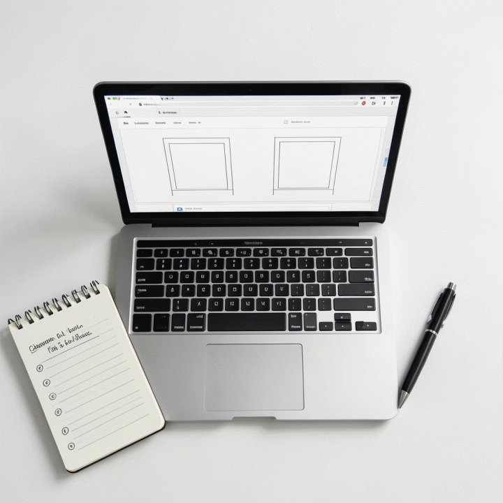 Tampilan dari atas meja kerja yang berisi laptop dengan wireframe sales page dan alat tulis, melambangkan perencanaan struktural.