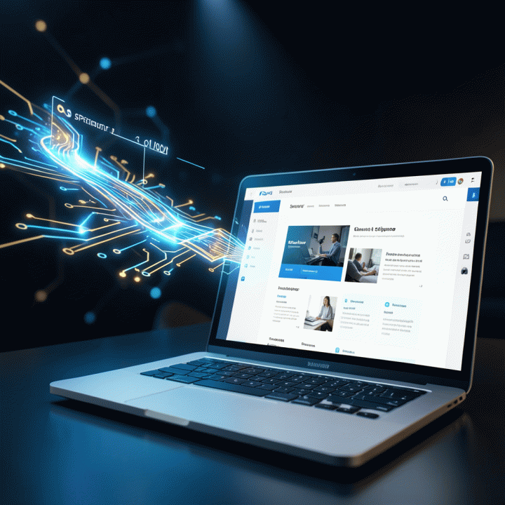 Visualisasi abstrak yang menunjukkan proses pembuatan landing page yang cepat dan efisien dari input teks.