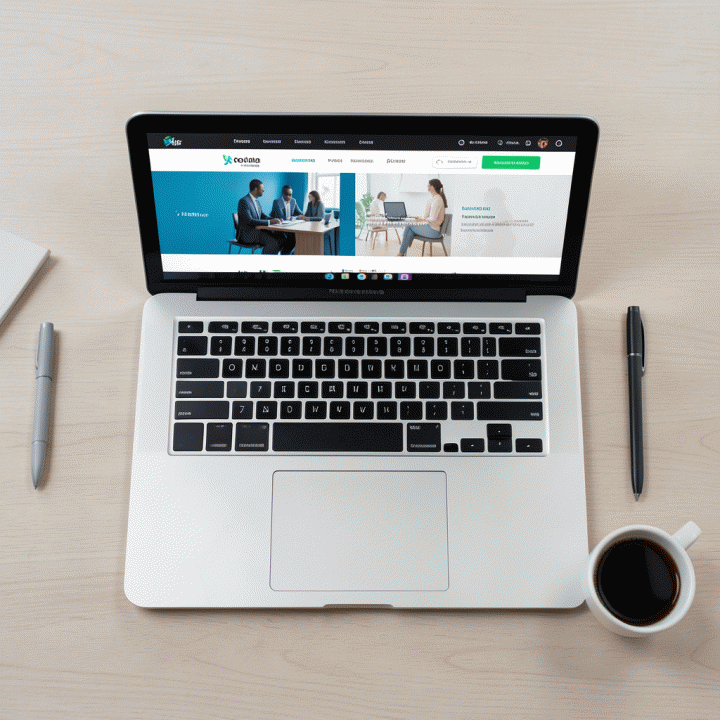 Tampilan laptop modern yang menampilkan struktur landing page e-commerce yang profesional dan berorientasi konversi, diletakkan di atas meja kayu minimalis.