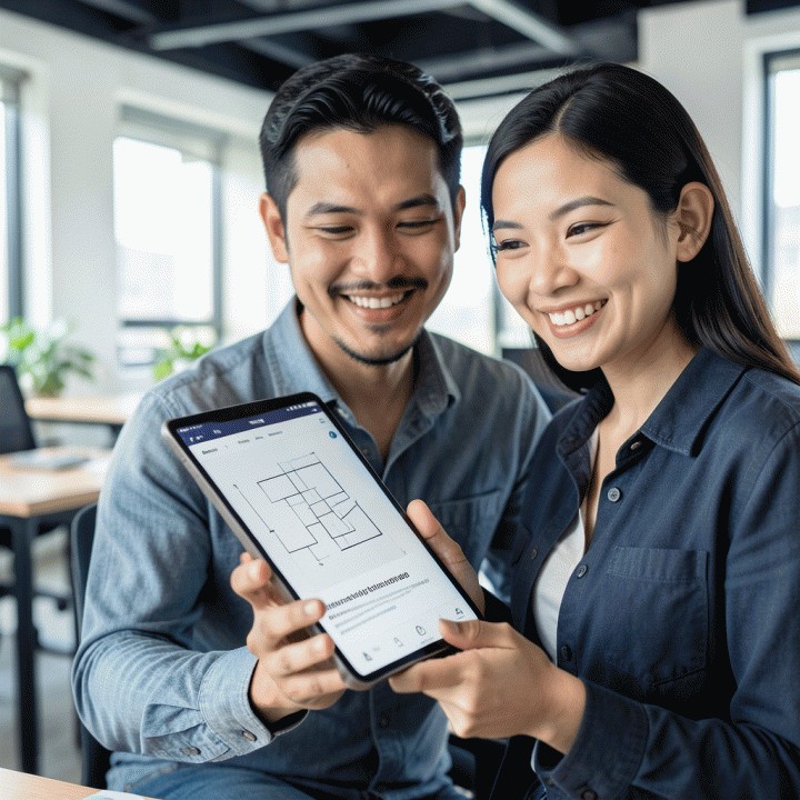 Seorang profesional pemasaran digital Indonesia yang percaya diri melihat tablet yang menampilkan wireframe landing page yang terstruktur.