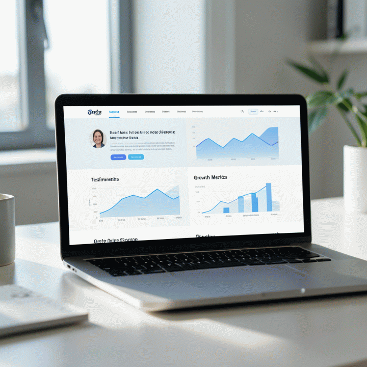 Tampilan laptop modern yang menampilkan desain landing page konversi tinggi dengan struktur bukti sosial dan data pertumbuhan yang terorganisir.