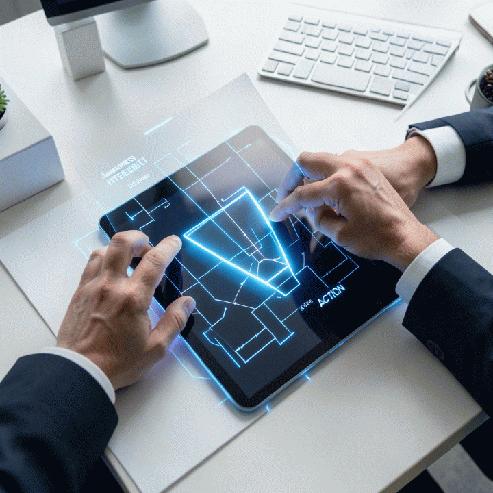 Tangan profesional berinteraksi dengan diagram sales funnel holografik di meja kerja modern, melambangkan pembuatan funnel yang cepat dan akurat menggunakan teknologi AI.