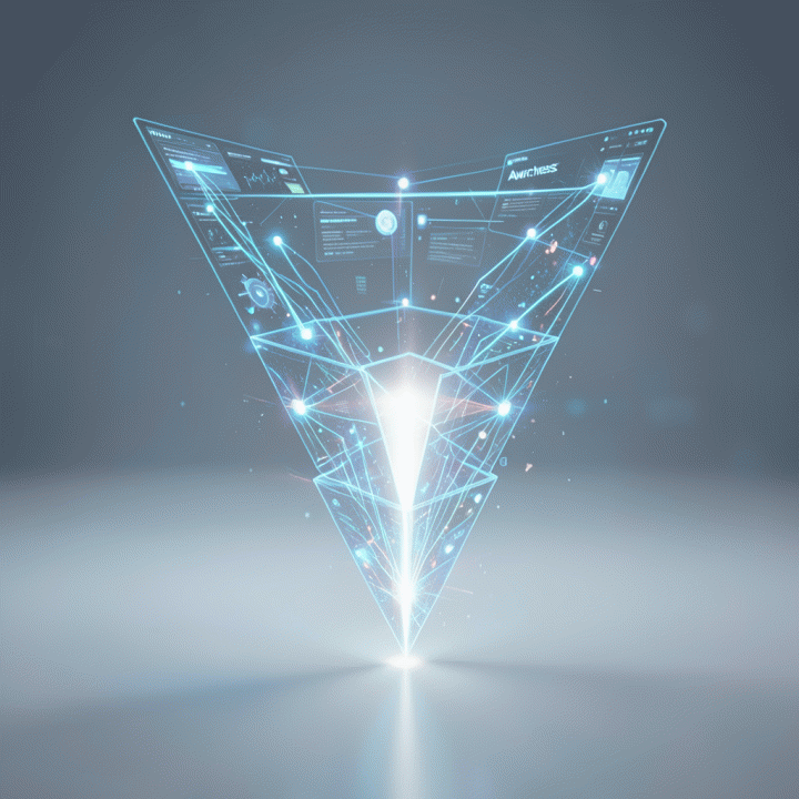 Representasi visual abstrak dan profesional dari struktur sales funnel digital yang teroptimasi, menunjukkan alur data yang mulus dari kesadaran hingga konversi pembelian.