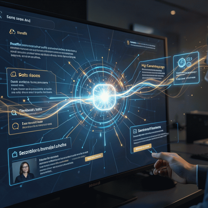 Visualisasi AI yang secara otomatis menghasilkan dan menyusun konten dan struktur sales page yang optimal dan konversi tinggi dari input sederhana.