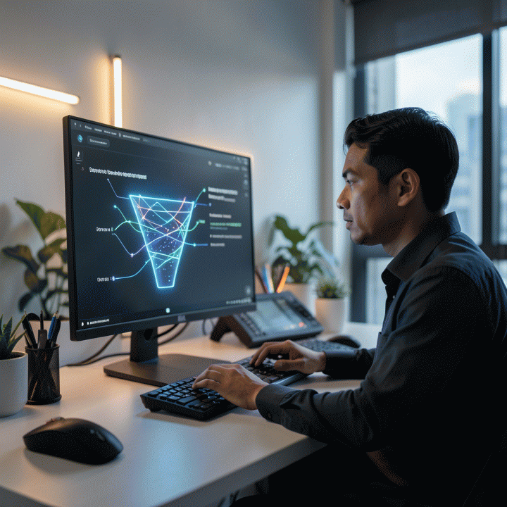 Seorang profesional pemasaran digital yang bekerja di meja modern, menampilkan visualisasi struktur sales funnel yang optimal dan futuristik di layar monitor, melambangkan peningkatan konversi penjualan.