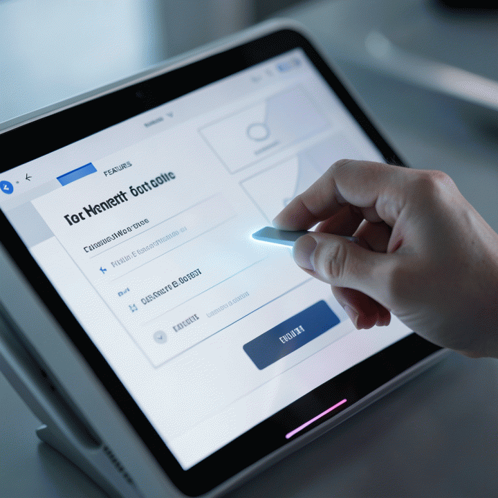 Tangan berinteraksi dengan antarmuka digital yang menampilkan tata letak wireframe sales page yang rapi dan terstruktur, menunjukkan kemudahan penggunaan AI builder.