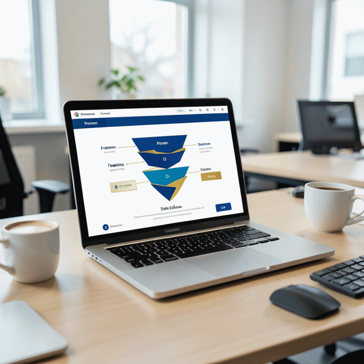Ilustrasi digital marketing yang menunjukkan diagram corong penjualan (sales funnel) yang optimal dan terstruktur di layar laptop modern, melambangkan peningkatan konversi penjualan.