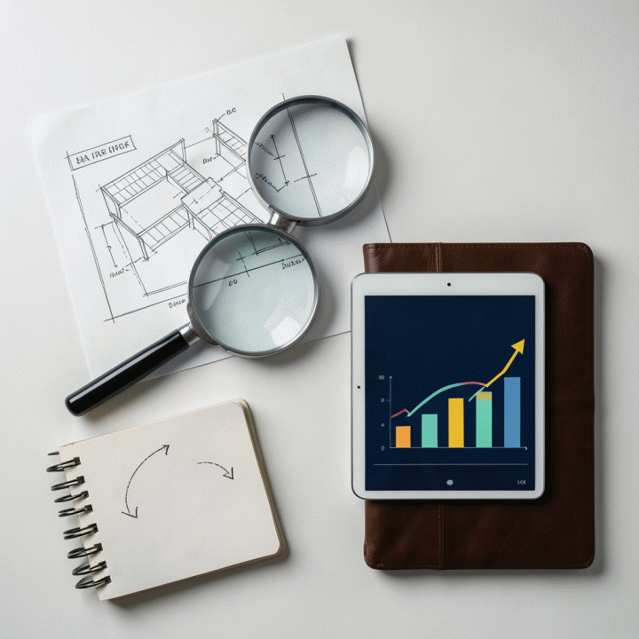 Komposisi visualisasi alat dan strategi marketing yang menunjukkan perencanaan alur konversi tinggi, dari blueprint hingga data analitik.