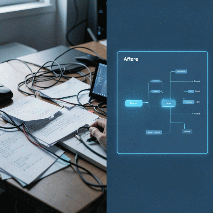 Visual perbandingan antara proses pembuatan konten landing page yang manual dan rumit dengan proses yang sangat cepat dan efisien menggunakan bantuan AI.
