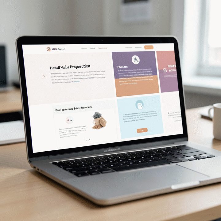 Tampilan close-up dari wireframe landing page yang terstruktur rapi, menunjukkan segmentasi bagian-bagian penting untuk meningkatkan konversi.