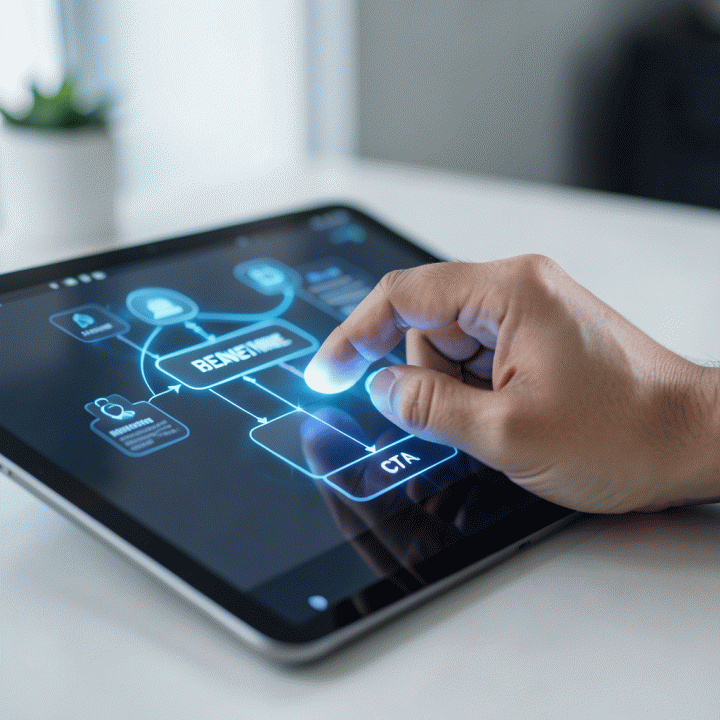 Tangan yang berinteraksi dengan antarmuka AI di tablet, menunjukkan proses otomatisasi pembuatan struktur sales page.