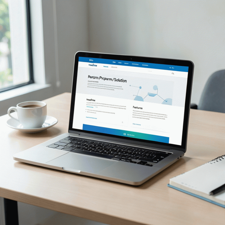 Tampilan visualisasi struktur sales page konversi tinggi di laptop, menunjukkan alur konten yang terorganisir dan profesional.