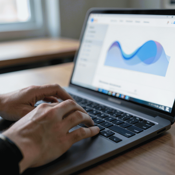 Tangan sedang mengetik di laptop, menunjukkan proses pembuatan landing page yang cepat menggunakan AI.