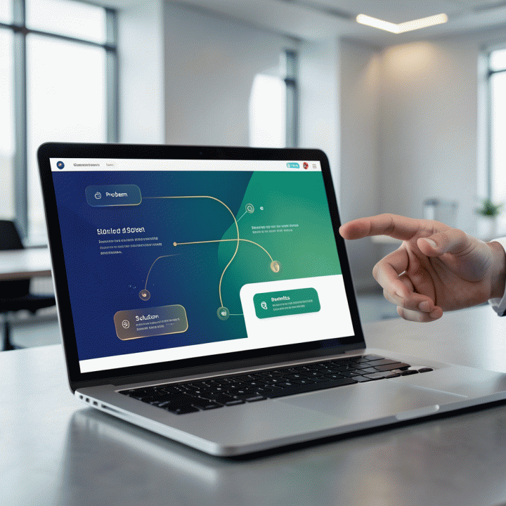Visualisasi struktur sales page konversi tinggi pada layar laptop, menunjukkan alur konten yang terstruktur dan profesional.