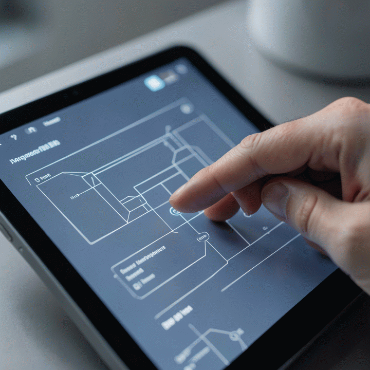 Ilustrasi close-up tangan yang berinteraksi dengan tablet futuristik, menunjukkan alur dan struktur landing page yang dibuat secara otomatis oleh AI.
