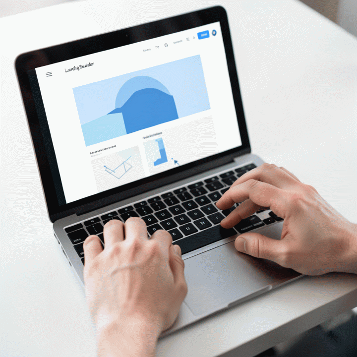 Tangan seseorang sedang menggunakan laptop dengan antarmuka pembangunan landing page yang abstrak, menyoroti kemudahan dan kecepatan proses desain.