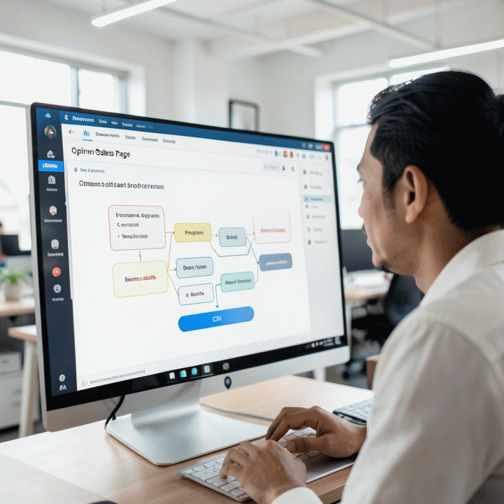 Seorang profesional pemasaran melihat struktur sales page yang terstruktur dan optimal pada dashboard digital, melambangkan perencanaan konversi tinggi.