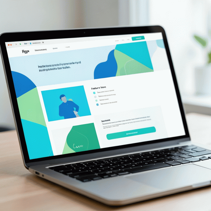 Tampilan close-up layar laptop yang menunjukkan wireframe landing page yang sangat terstruktur dan siap pakai, menyoroti alur konversi yang optimal.