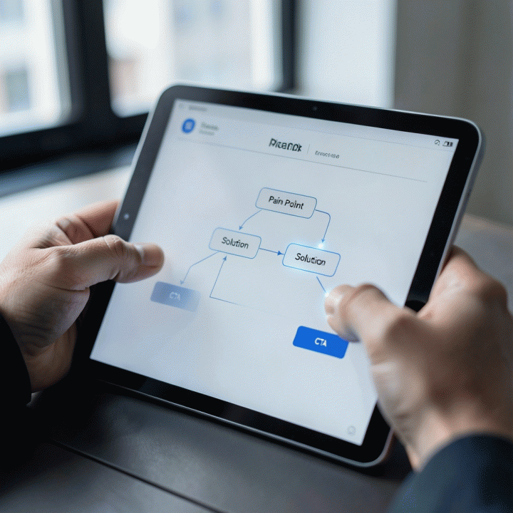 Tangan seorang marketer yang sedang berinteraksi dengan tablet, menunjukkan proses pembuatan kerangka landing page yang terstruktur dan mudah menggunakan AI.