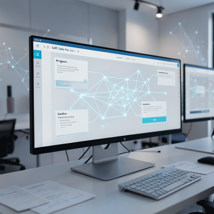 Visualisasi struktur kerangka kerja (framework) sales page SaaS modern yang kompleks dan terstruktur pada layar digital, menunjukkan alur konversi tinggi.
