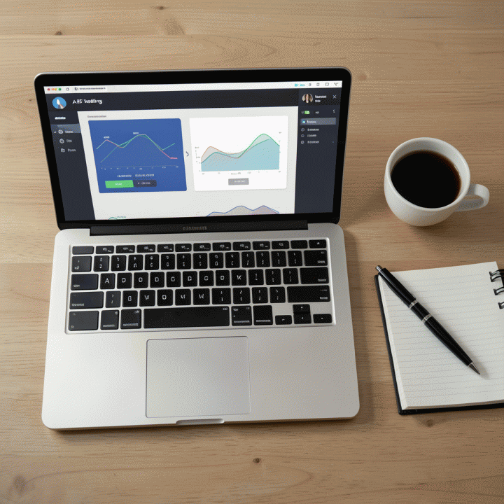 Komposisi meja kerja yang menampilkan persiapan A/B testing iklan dan analisis data, menunjukkan strategi yang terukur.