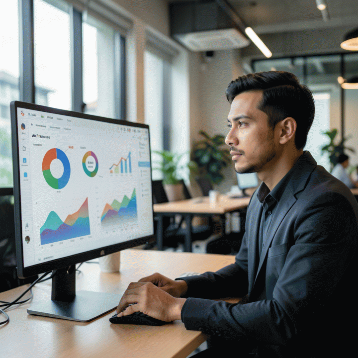 Digital marketing manager di ruang kerja modern sedang menganalisis dashboard data visualisasi yang kompleks untuk menemukan celah kompetitor dan strategi pemasaran baru.