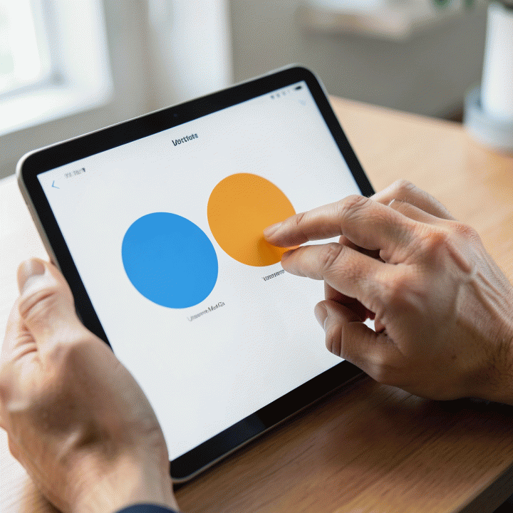 Tangan menunjuk ke dashboard tablet yang menunjukkan celah pasar (market gap) antara tiga strategi kompetitor.