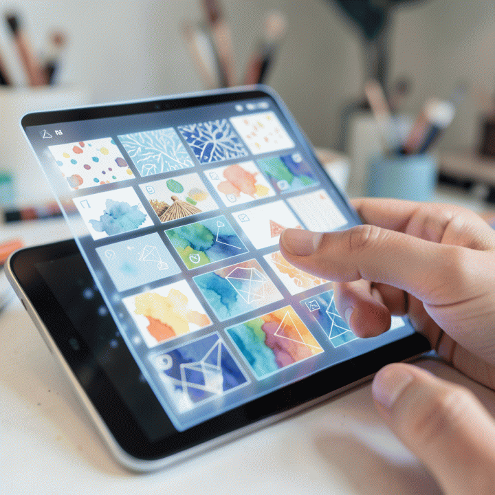Tangan yang berinteraksi dengan tablet holografik menampilkan berbagai aset digital siap pakai hasil teknologi AI.