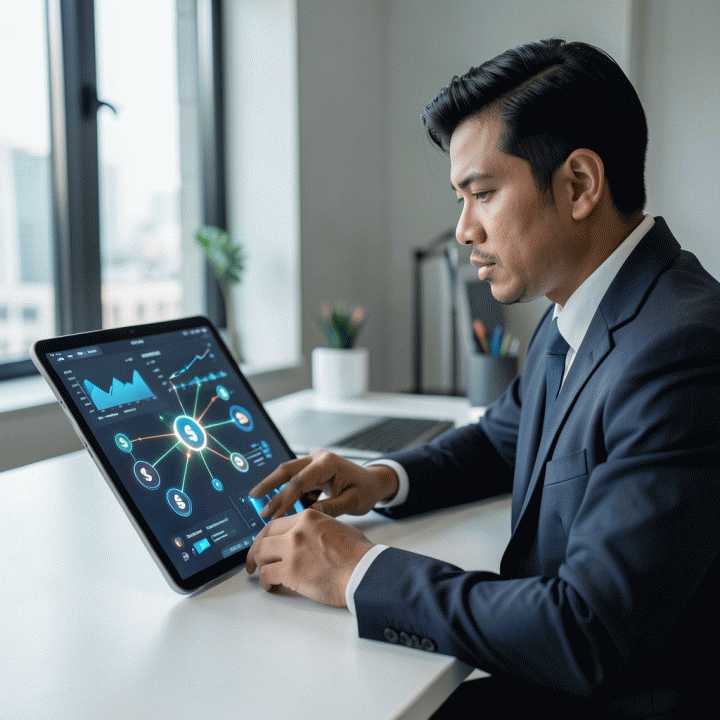 Seorang profesional kreatif Indonesia di meja kerja modern, berinteraksi dengan tablet yang menampilkan visualisasi data terpadu yang menghubungkan proyek dan keuangan, melambangkan manajemen operasional yang efisien.