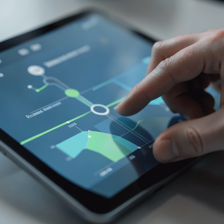Tampilan close-up dashboard digital yang menunjukkan aliran data terpadu dari proyek ke pendapatan dan profitabilitas, tanpa teks yang terbaca.