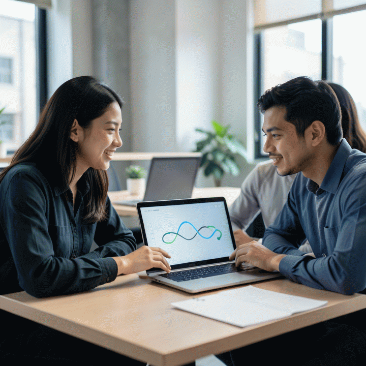 Dua profesional berkolaborasi di co-working space, melihat layar laptop yang menampilkan visualisasi kemajuan proyek yang terstruktur dan jelas.