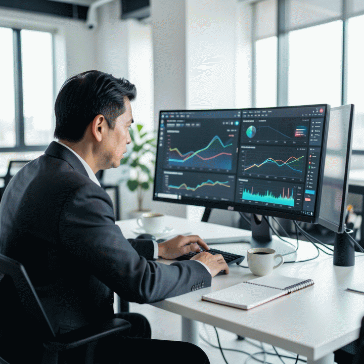 Seorang manajer pemasaran digital sedang menganalisis data kompleks di monitor multi-layar untuk menemukan strategi copywriting iklan e-commerce yang efektif.