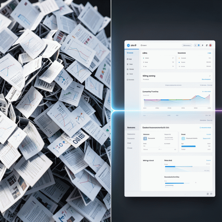 Perbandingan antara tumpukan data yang membingungkan (data overload) dengan dashboard yang bersih dan fokus yang menampilkan insight actionable.